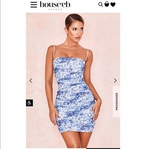 House of CB BLUE + WHITE RUCHED MESH MINI DRESS
